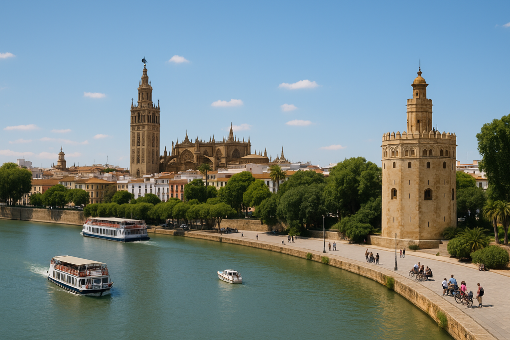 Vista panorámica de Sevilla en la actualidad con el río Guadalquivir en primer plano, barcos turísticos navegando, la Torre del Oro a la derecha y la Giralda junto a la Catedral de Sevilla al fondo, bajo un cielo azul claro con nubes dispersas.