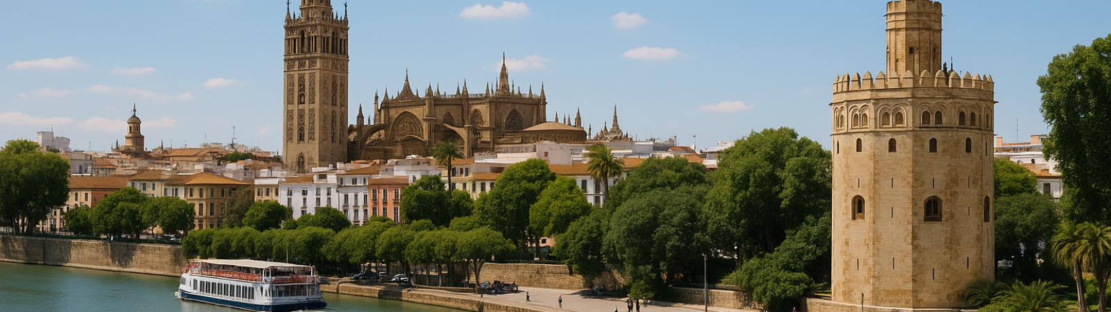 Vista panorámica de Sevilla en la actualidad con el río Guadalquivir en primer plano, barcos turísticos navegando, la Torre del Oro a la derecha y la Giralda junto a la Catedral de Sevilla al fondo, bajo un cielo azul claro con nubes dispersas.